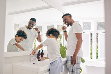 Brushing teeth, father smile and healthy morning routine in a bathroom sink with a dad and child. Hygiene, kid and dada together in a house with toothbrush and youth doing self care for dental - Powered by Adobe