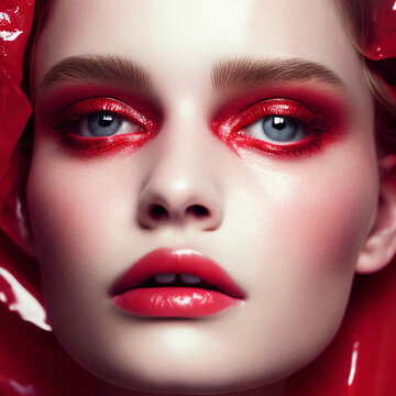 Portrait of young beautiful woman with red eyeshadow make-up. Digitally AI generated image.	