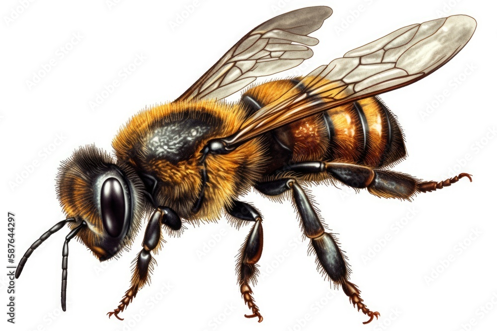 Poster close-up view of a bee on a plain white background. generative ai