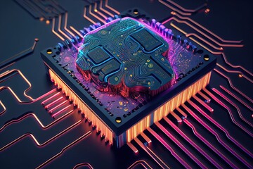 Cybernetic Artificial Intelligence Brain. Computer Chip Cyber Technology. Generative AI