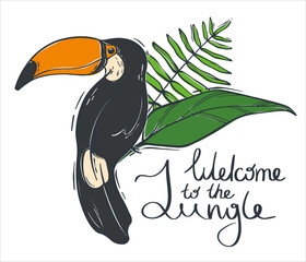 Fashionable flat illustration with black toucan on green leaves background. Lettering welcome to the jungle. Vector illustration. © Khay_Juliya