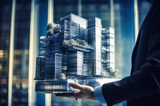 A businessman holds a 3D building model, analyzing its architectural design and engineering features with modern technology