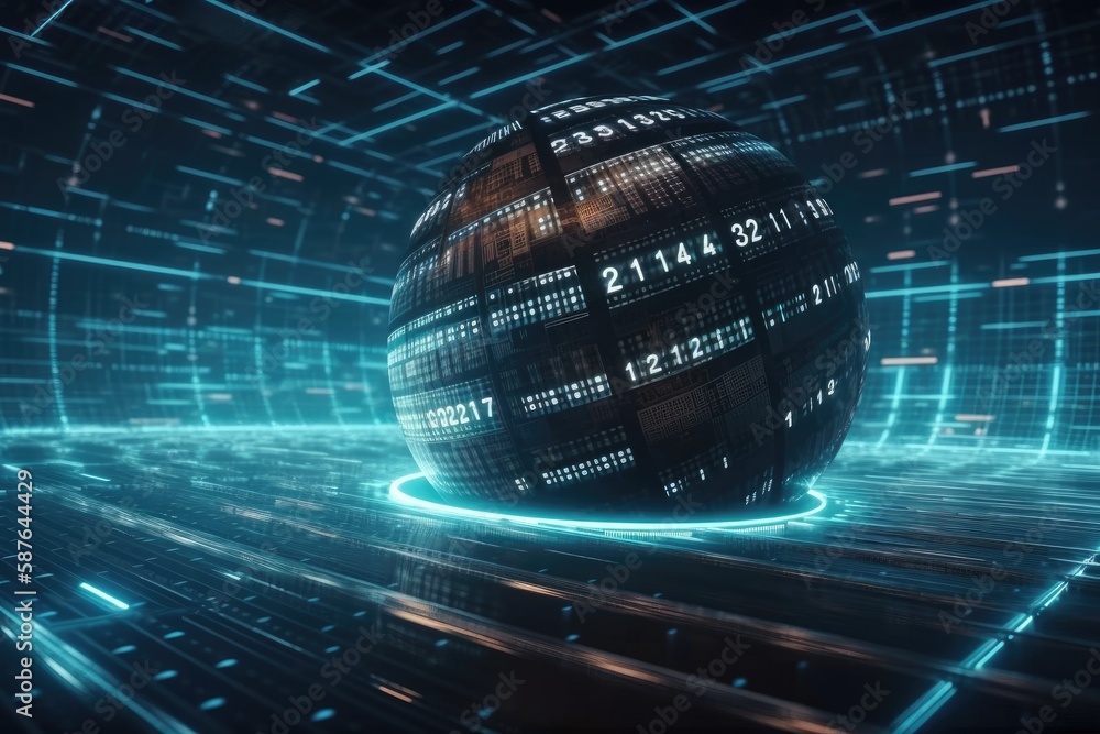 Poster three-dimensional sphere with a wireframe mesh and data points. generative ai