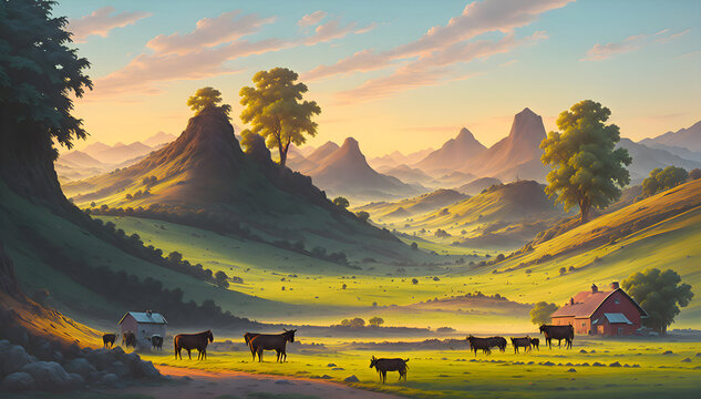 Scenic valley landscape painting wallpaper 