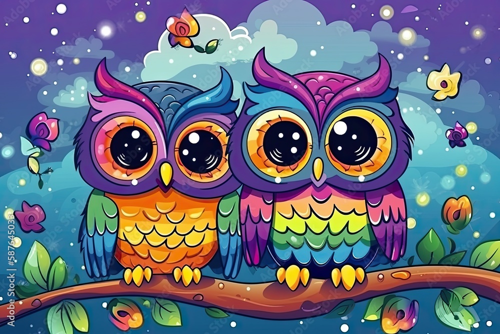 Poster illustration of three owls perched on a tree branch in a moonlit forest. generative ai