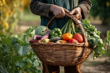 Farmer hold full basket of vegetables. Generate Ai