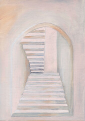 perspective, staircase with an arch in beige, light colors, steps leading up and down oil painting