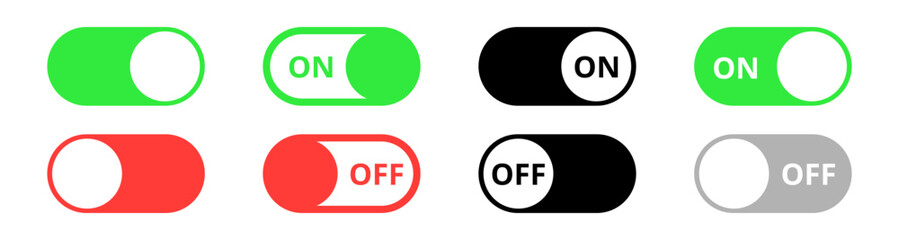 Toggle switch buttons. On and Off toggle switch buttons. Switch toggle buttons ON OFF.