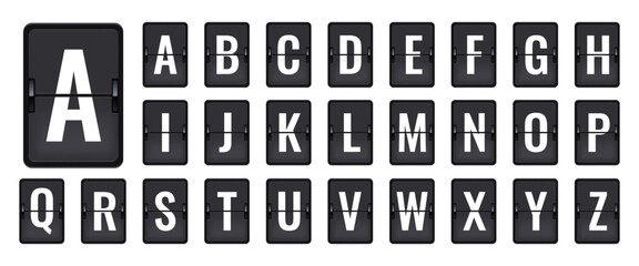 Scoreboard flip font. Latin alphabet on panel. flip flap alphabet. Mechanical scoreboard for arrival and departure airport signs, railway station. Abc typography.