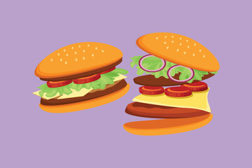 Cartoon flat style drawing two fresh delicious American cheeseburger restaurant logo badge. Fastfood burger cafe shop template. Fast food beef burger cafe shop icon. Graphic design vector illustration