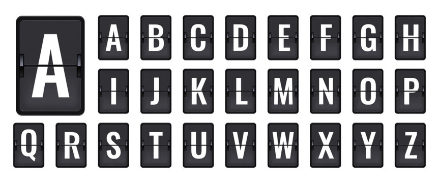 Scoreboard flip font. Latin alphabet on panel. flip flap alphabet. Mechanical scoreboard for arrival and departure airport signs, railway station. Abc typography.
