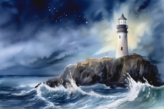 Illuminated lighthouse in night. Generate Ai