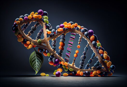 DNA helix structure, Gene Guided Precision Nutritions and supplements, nutrigenomics, Customization. Nutraceuticals, Deficiency Solution. Personlized DNA-based solutions to your unique. Generative AI