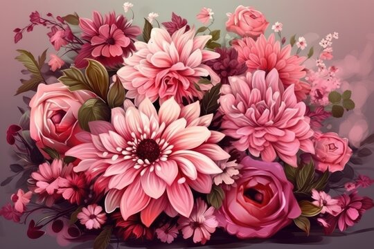 beautiful bouquet of pink flowers on canvas. Generative AI
