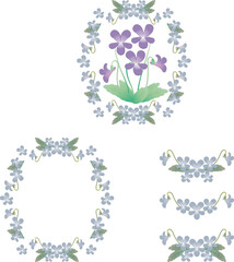 フレーム　飾り　額　すみれ　菫　スミレ　花　春　コピースペース　背景　イラスト素材セット