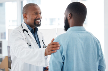 Doctor, black man and touch shoulder of patient for support, comfort and empathy in hospital. Healthcare, consultation and happy medical professional talking, good news or kindness with mature person
