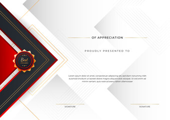 Fototapeta premium Red and black certificate of achievement border template with luxury badge and modern line pattern. For award, business, and education needs