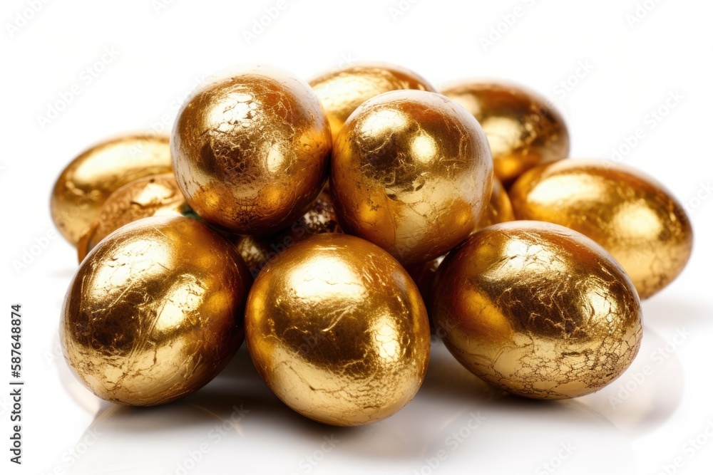 Poster stack of shiny golden easter eggs. generative ai