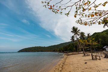 Tropical landscape of Indonesian island Karimunjava with jungle and turquoise lagoon in the distance. 