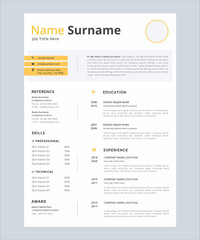 minimalist resume template design with yellow elements, vector eps10