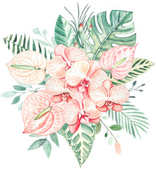 Bouquet with pink orchids and tropical leaves. Watercolor on isolated background