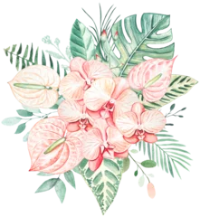  Bouquet with pink orchids and tropical leaves. Watercolor on isolated background © Diasha Art