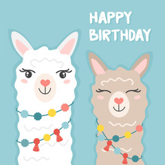 Birthday card with cute cartoon llamas