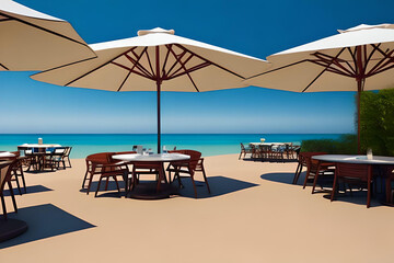Fototapeta na wymiar A seating area and umbrella on the beach with a very bright sunny day, a place for peace and relaxation, Generative AI
