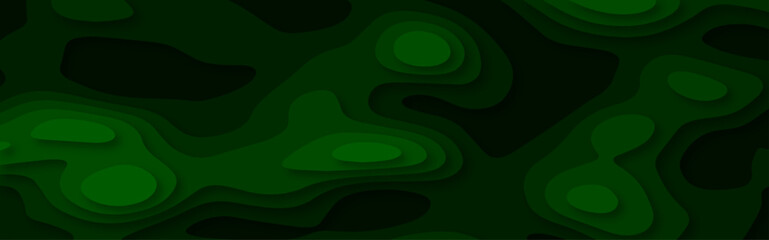 Luxury green abstract papercut background with 3d geometry circles. Dark green paper cut banner with 3D slime abstract background and orange waves layers.	