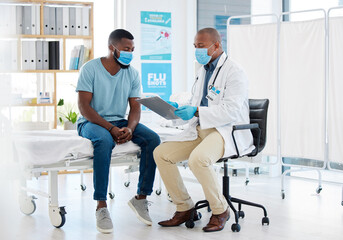 Fototapeta premium Doctor, consultation and covid results on clipboard with black man for checkup, test or examination. Healthcare, medical professional and checklist for advice, diagnosis or information in clinic.