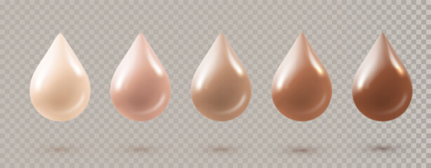 Liquid foundation drops isolated on background. Realistic textured tone drops. Foundation shades, concealer smudge drop