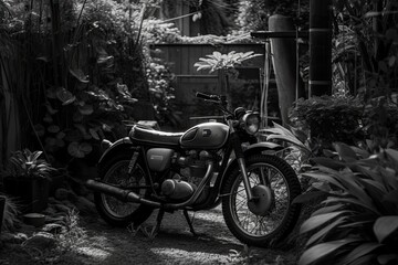 vintage motorcycle parked in a serene garden setting. Generative AI