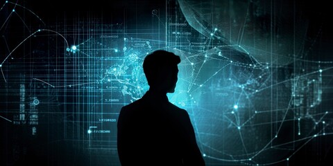 Blue business and technology background with a person and graphs. AI Generative Art.