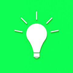White glowing light bulb with shadow on green background. Illustration of symbol of idea. Square image. 3D image. 3D rendering.