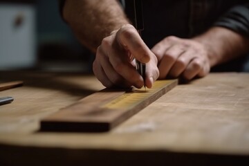 Close-Up of Skilled Woodworker Measuring Wooden Plank with Precision, Carpentry and Craftsmanship