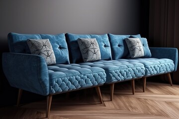 blue couch on a wooden floor. Generative AI