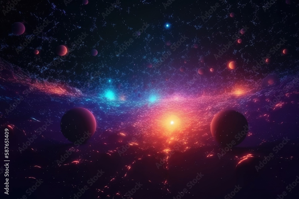 Poster cosmic landscape with multiple planets and stars in the background. generative ai