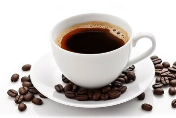 Photo Black coffee in a coffee cup decorated with isolated beans on a white background. AI-generated images