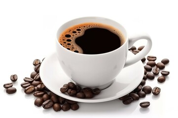 Obraz premium Photo Black coffee in a coffee cup decorated with isolated beans on a white background. AI-generated images