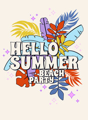 Vector Hello Summer Beach Party postcard. Bright subdued colors in retro hippie style. Summertime banana leaves isolated on white background. Exotic tropical wallpaper, flyer, poster design