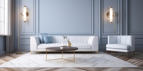 colorful sofa in front of accent wall in modern interior, generative ai