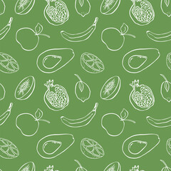 Contour fruits seamless pattern. Doodle fruits on colored background, minimalistic pattern.