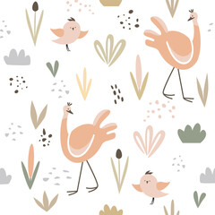 Childish botanical and animalistic seamless background. Minimalistic doodle drawings of plants and animals in pastel colors on a white background. Print for wallpapers, baby clothes, textiles, paper