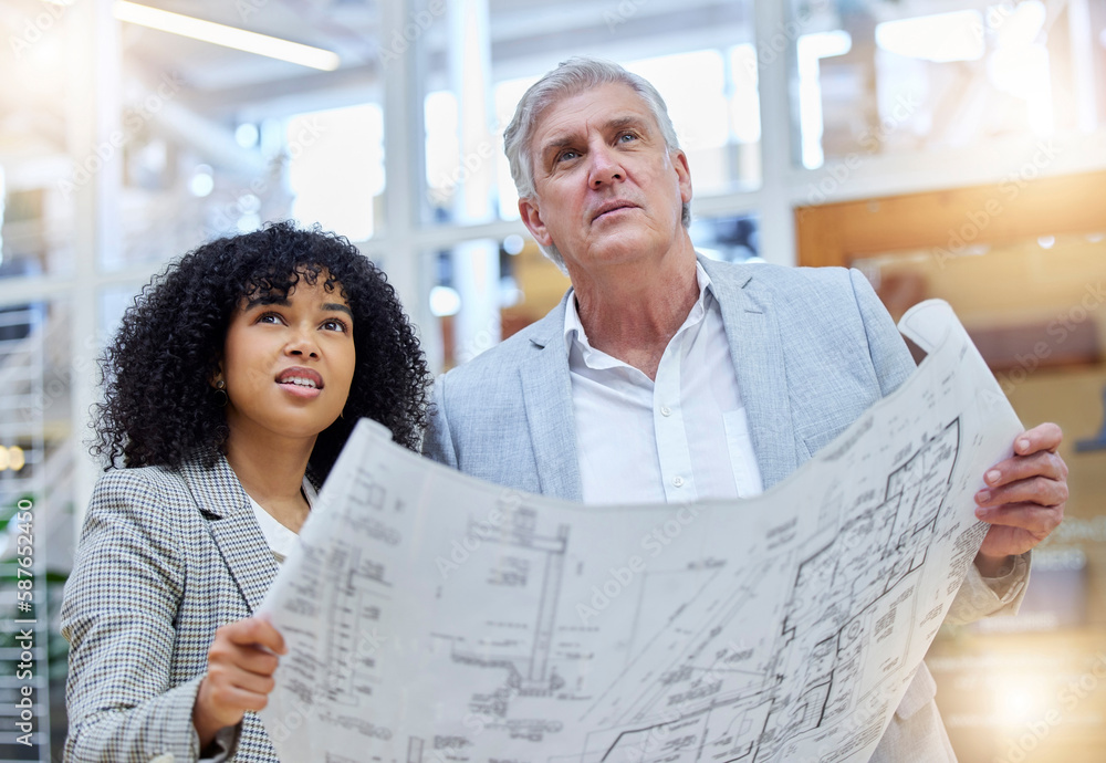 Poster collaboration idea, blueprint and diversity architect teamwork on real estate property, architecture