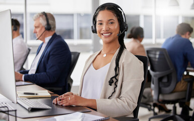 Portrait, smile and woman in call center in office working on customer support in workplace. Telemarketing, mixed race person or happiness of sales agent, female consultant or telemarketer consulting