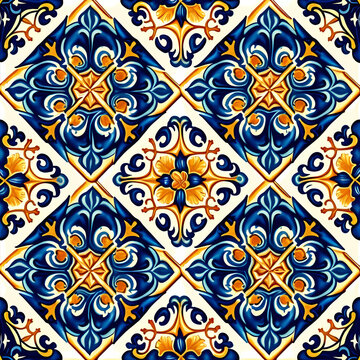 Portuguese azulejo ceramic tile seamless pattern, Blue and yellow background. Generative AI illustration.