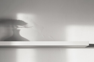 background of wooden shelf on white wall in sunlight