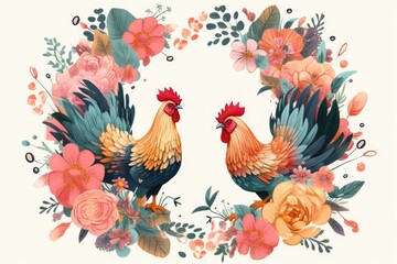 Obraz premium Illustration of two domestic chickens standing side by side in a farmyard. Generative AI