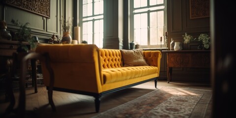 Living room with yellow sofa, Bohemian style, empty canvas.