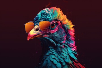 turkey wearing sunglasses on a solid color background, vector art, digital art, faceted, minimal, abstract. Generative AI. - obrazy, fototapety, plakaty